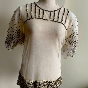 Alphamoment Anthropologie NWT beaded sheer short sleeve blouse size M